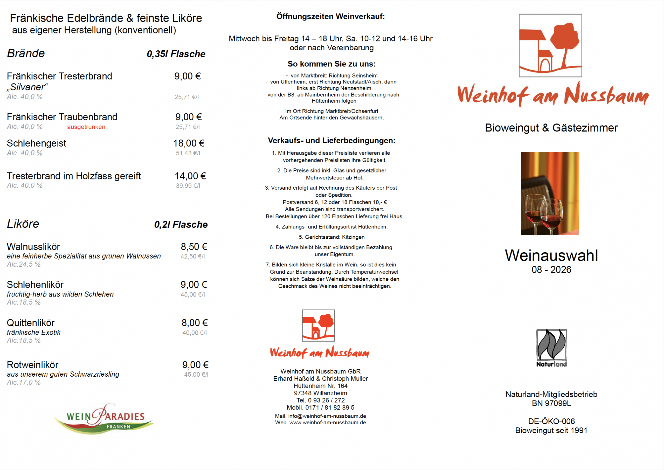 Weinhof am Nussbaum, Weinliste Biowein, August 2026, Wein kaufen, Huettenheim